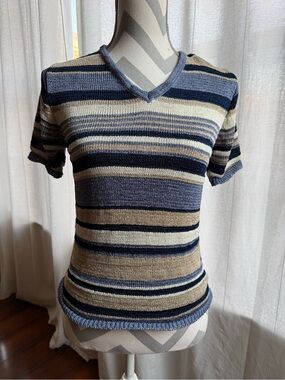 Vintage Directives Women's Multicolor Crochet Blouse Blue/Tan/White Size S